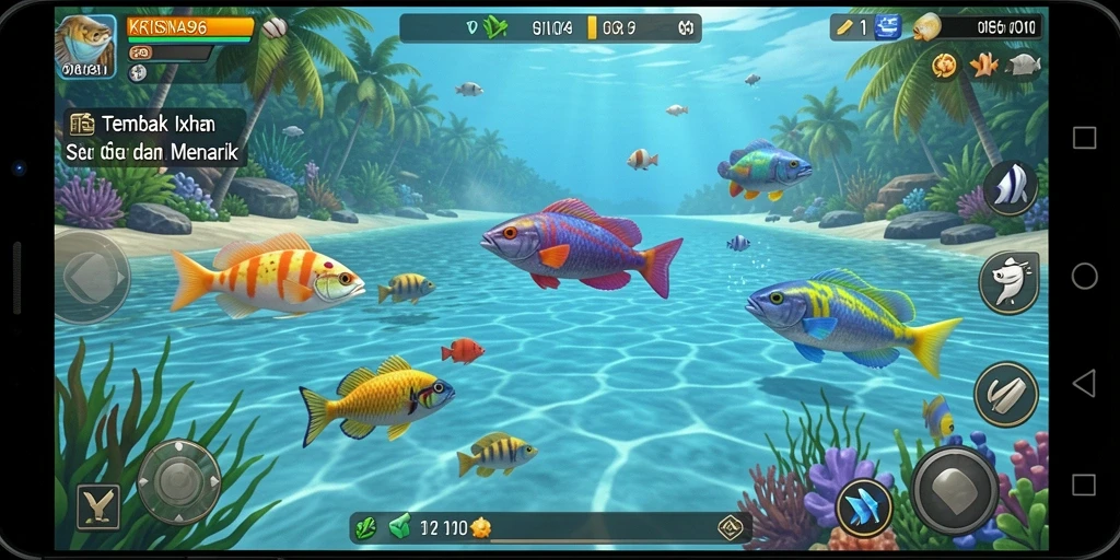 Tampilan gameplay seru dalam KRISNA96 saat menembak ikan.